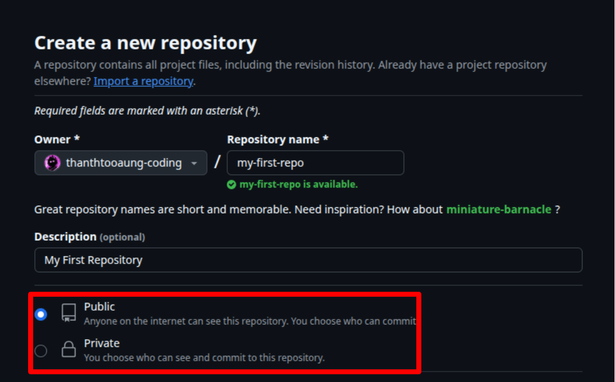 Screenshot of the Create a new repository form
