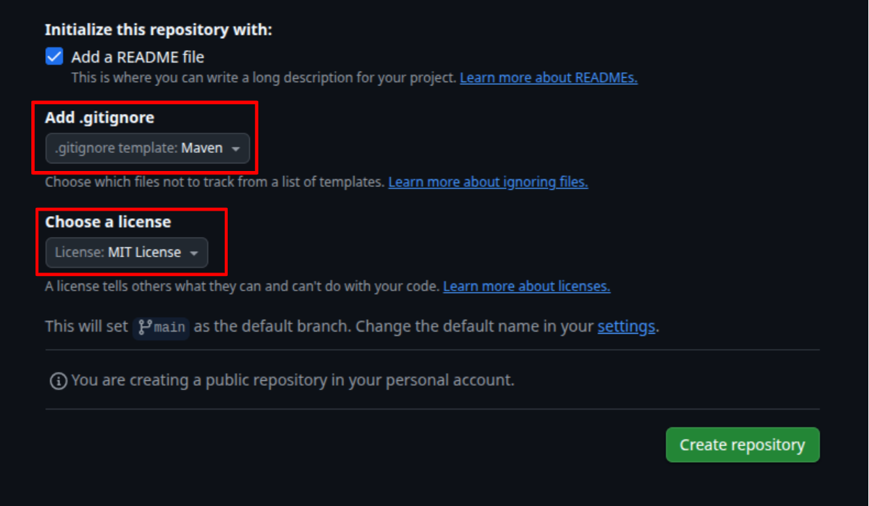 Screenshot showing repository initialization options
