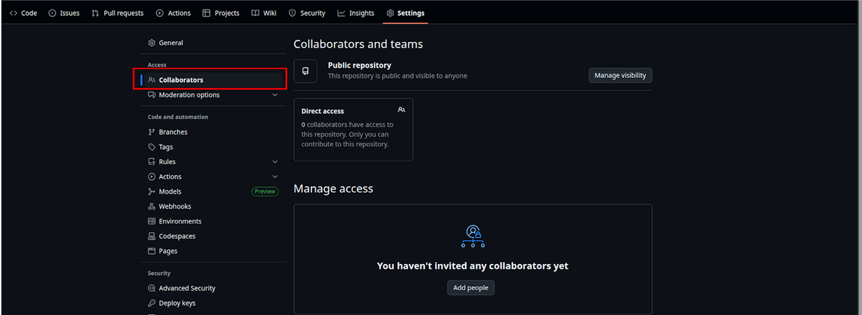 Screenshot showing the collaborators page